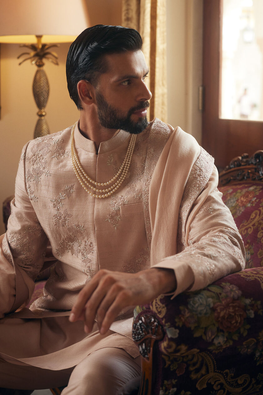 Avnendra Embroidered Silk Sherwani - Champagne, Champagne, image 3